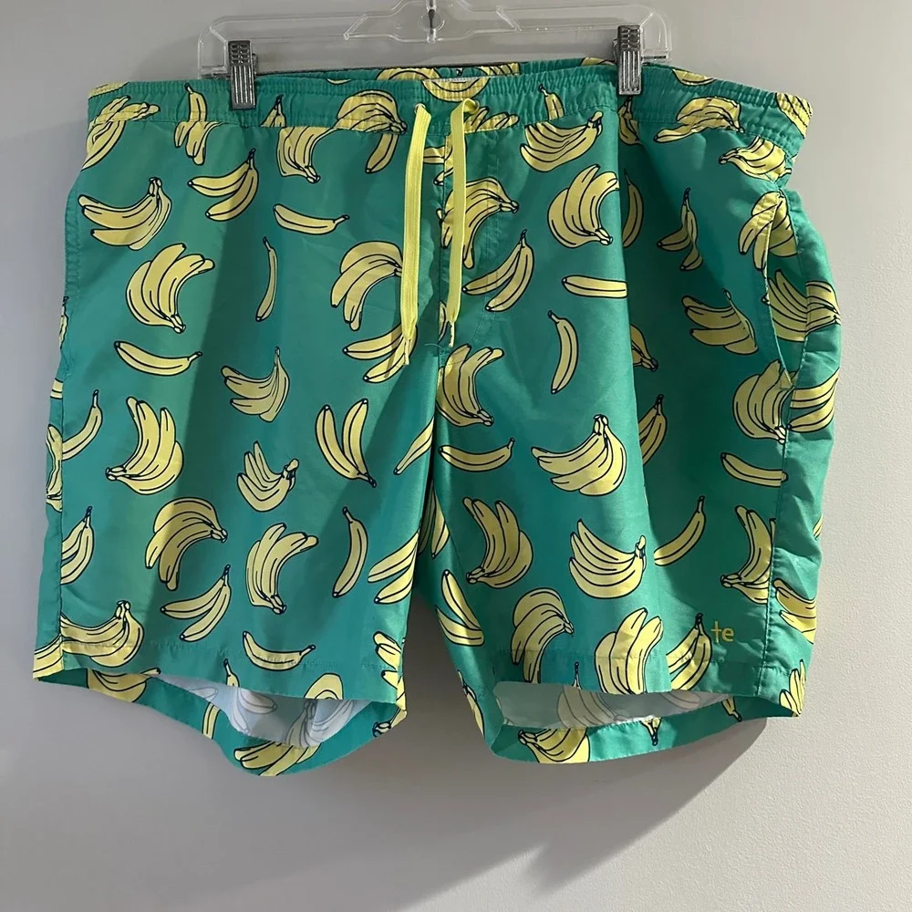 Tipsy Elves Mens XXL Swim Trunks Shorts Banana Print Teal‎ Drawstring Pockets